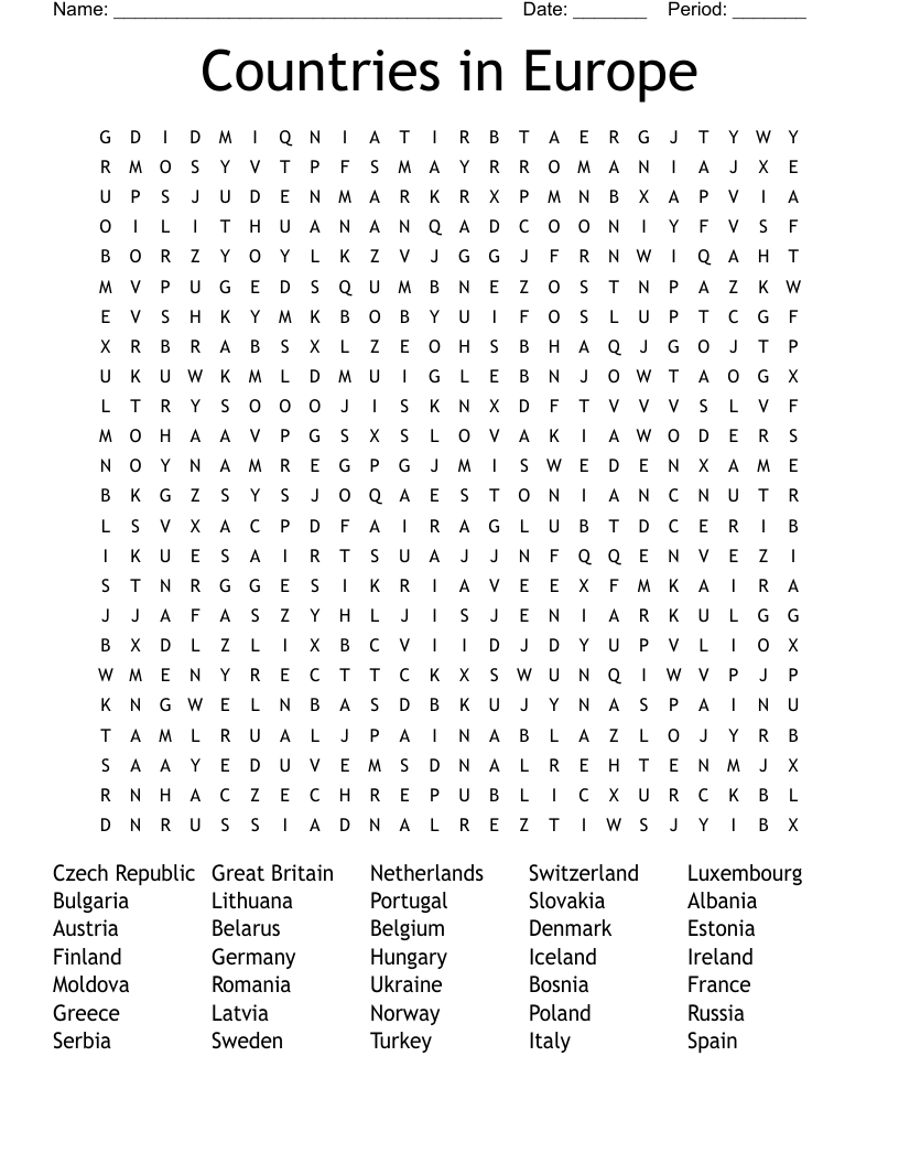 50 European Countries Word Search WordMint 50 European Countries Word Search WordMint