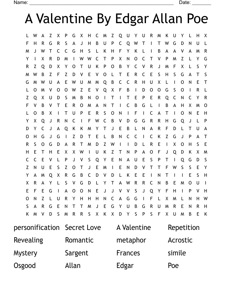 A Valentine By Edgar Allan Poe Word Search WordMint A Valentine By Edgar Allan Poe Word Search WordMint