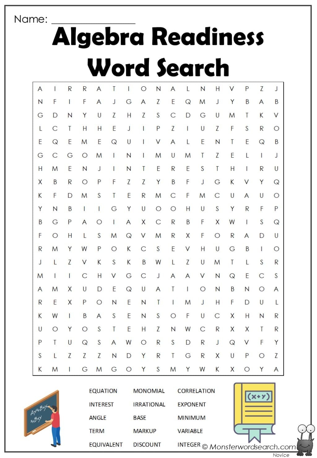 Algebra Readiness Word Search Monster Word Search