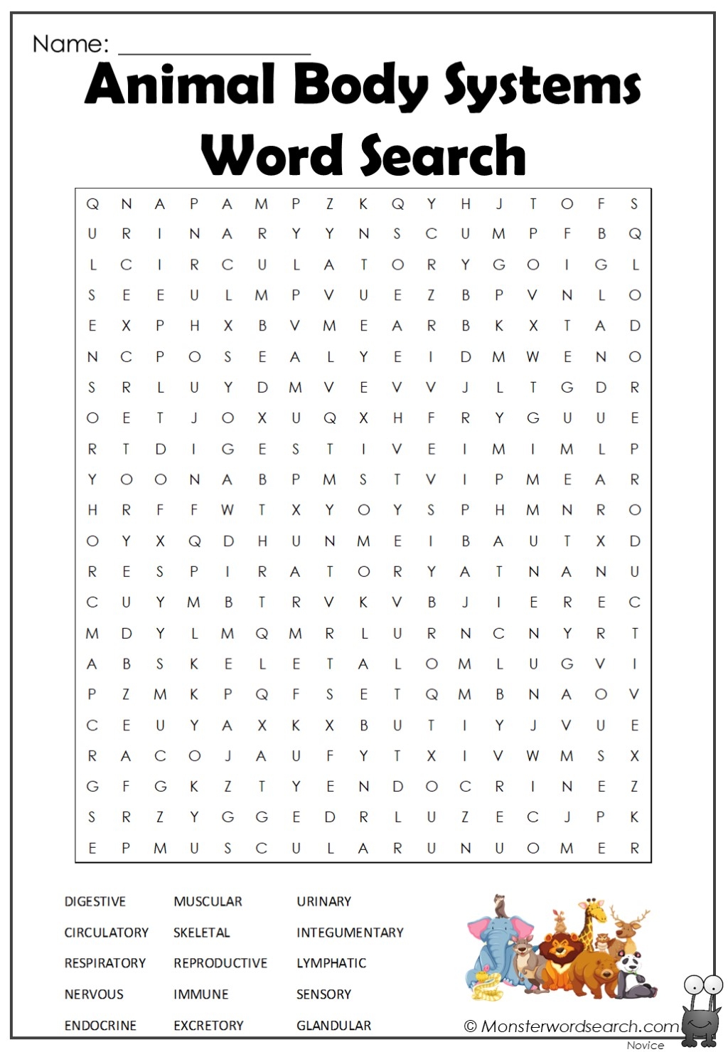 Animal Body Systems Word Search Monster Word Search Animal Body Systems Word Search Monster Word Search