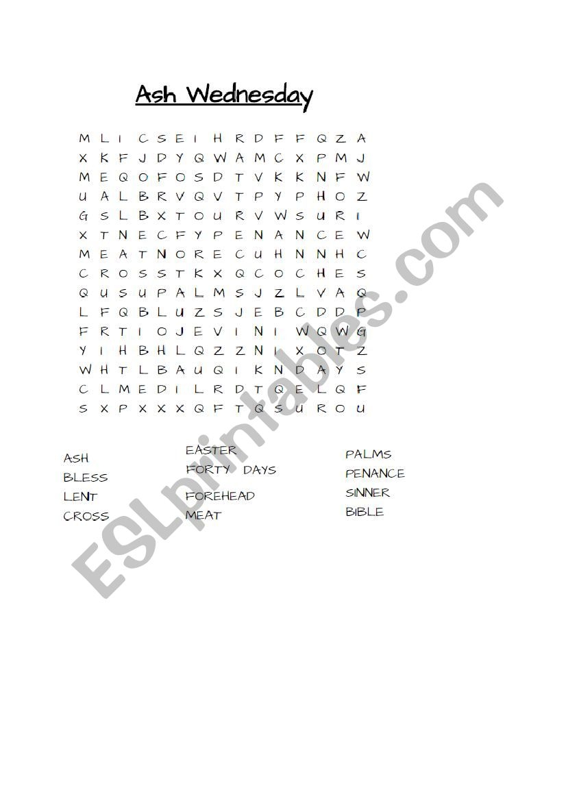 Free Printable Ash Wednesday Word Search