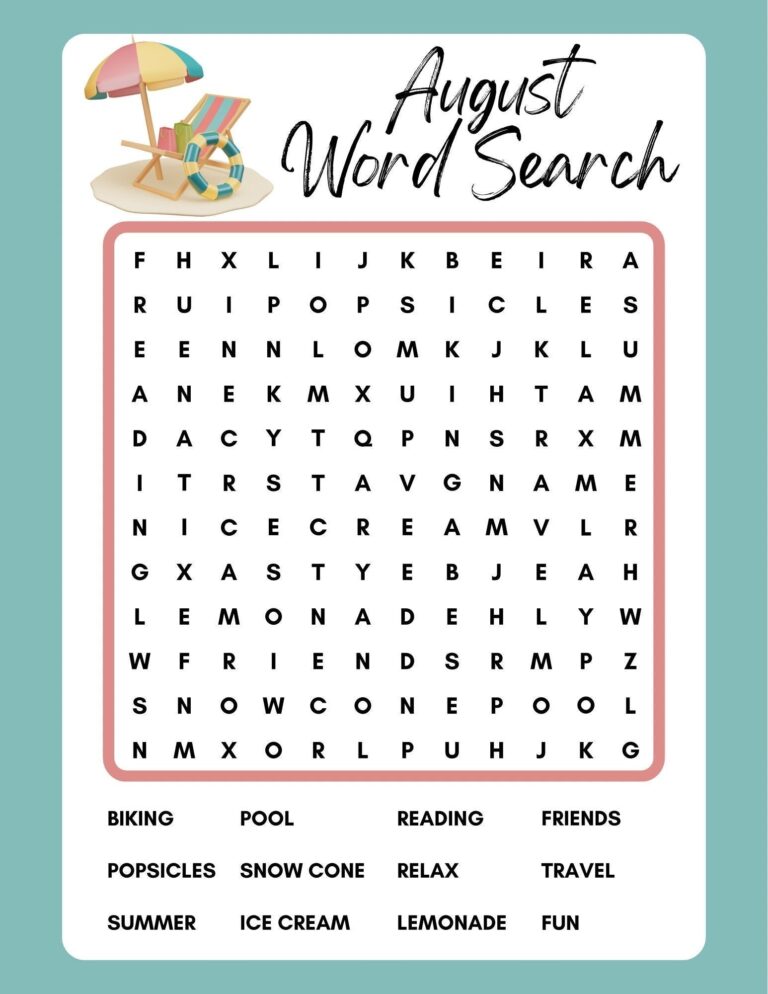 August Word Search Printable Instant Download PDF Etsy
