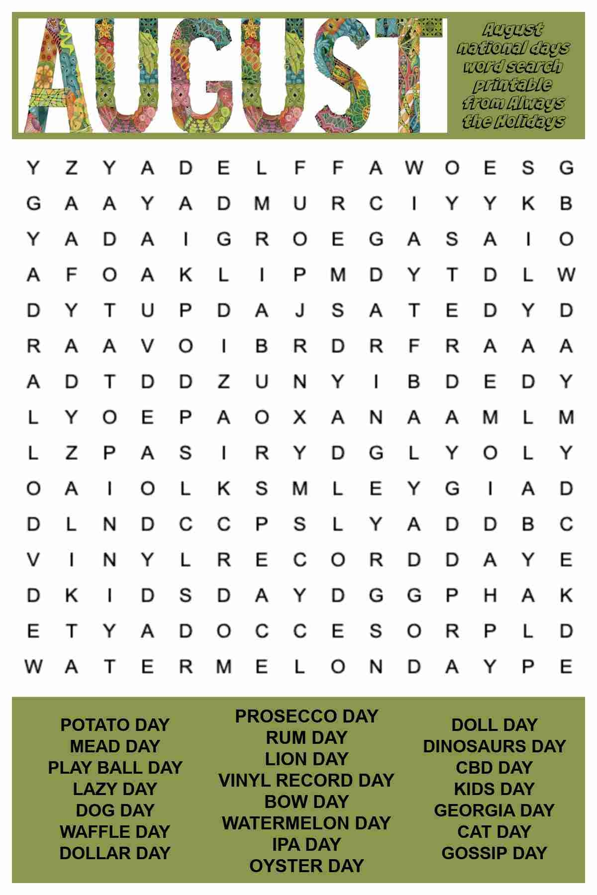 August Word Search Printable National Days Word Find Puzzle August Word Search Printable National Days Word Find Puzzle