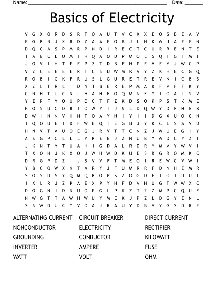 Basics Of Electricity Word Search WordMint