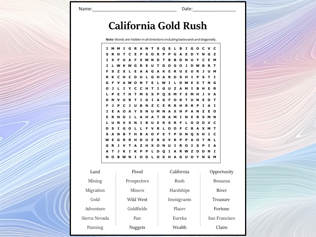 California Gold Rush Word Search Puzzle Worksheet Activity Teaching Resources