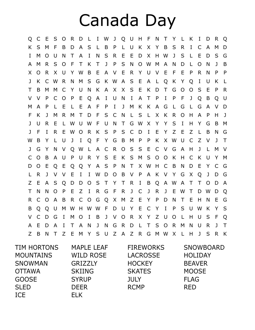 Canada Day Word Search WordMint Canada Day Word Search WordMint