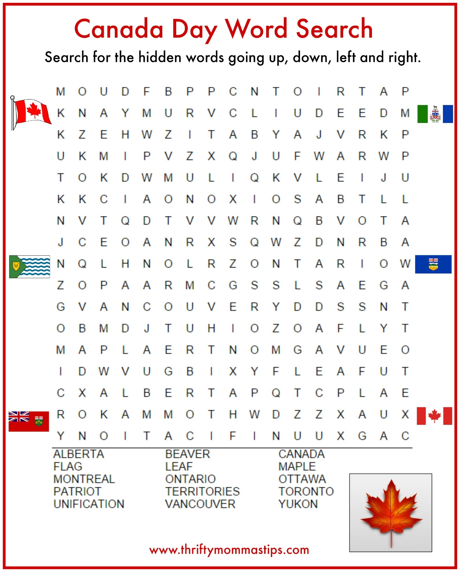 Canada Day Word Search Canada Day Word Search