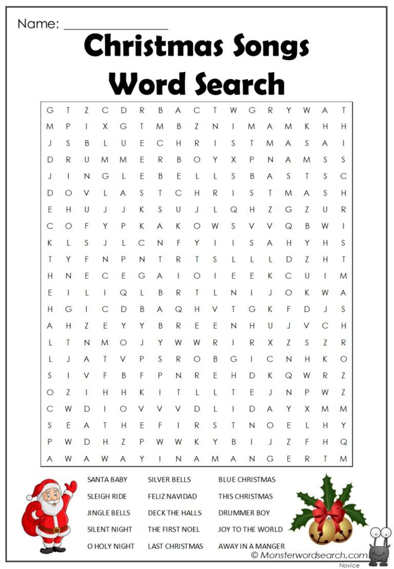Christmas Songs Word Search Monster Word Search