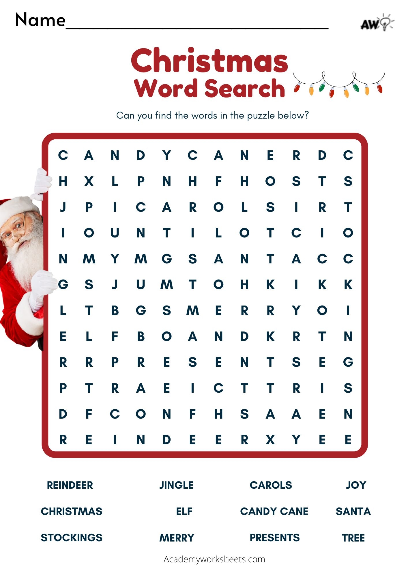 Christmas Word Search For Kindergarten Printable