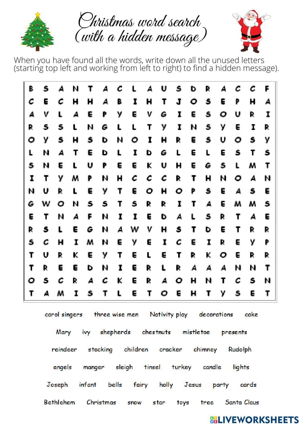 Christmas Wordsearch With Hidden Message Online Exercise For Christmas Wordsearch With Hidden Message Online Exercise For