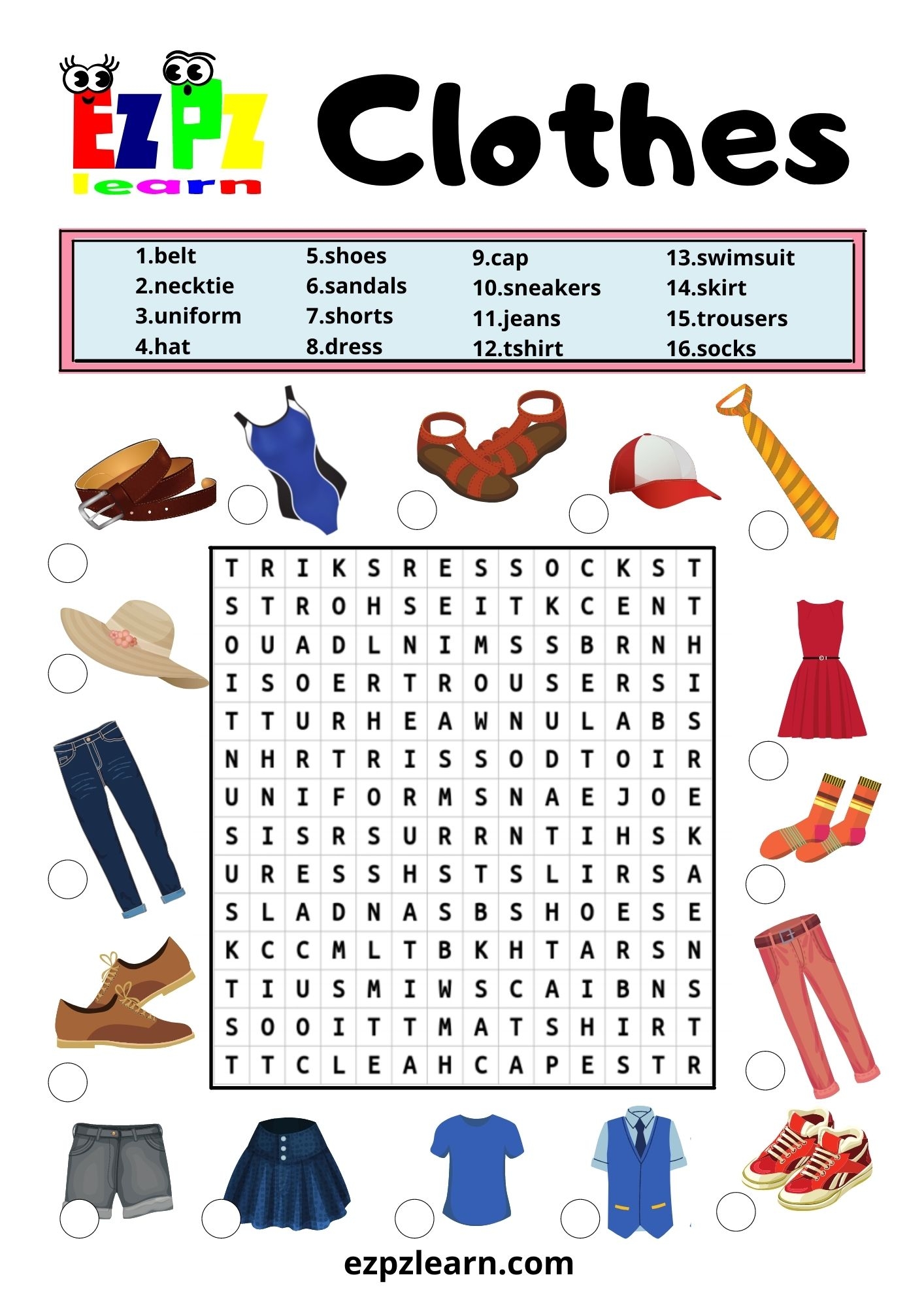 Clothes Word Search 2 Ezpzlearn