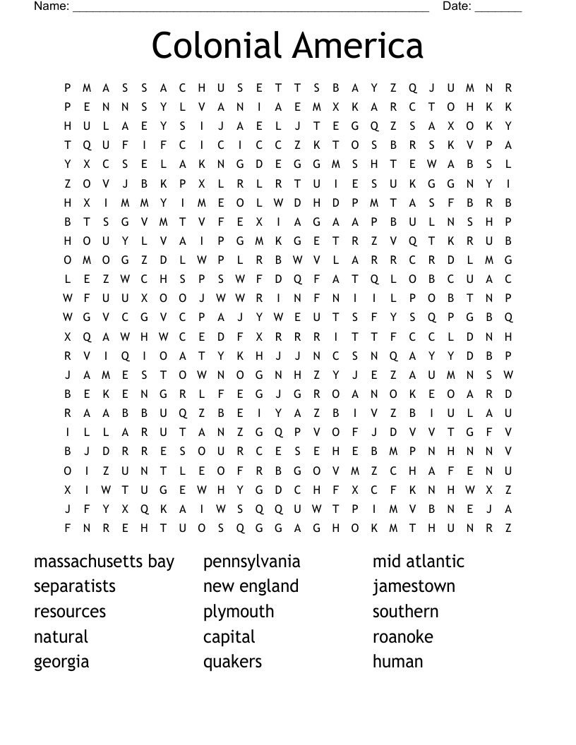 Colonial America Word Search WordMint