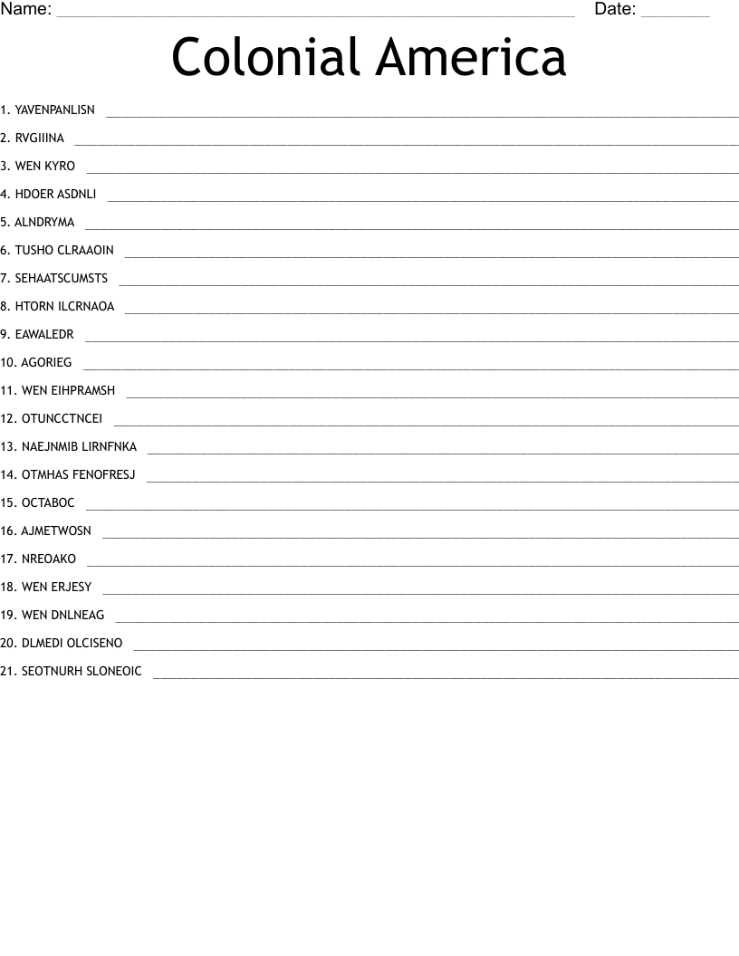 Colonial America Word Search WordMint