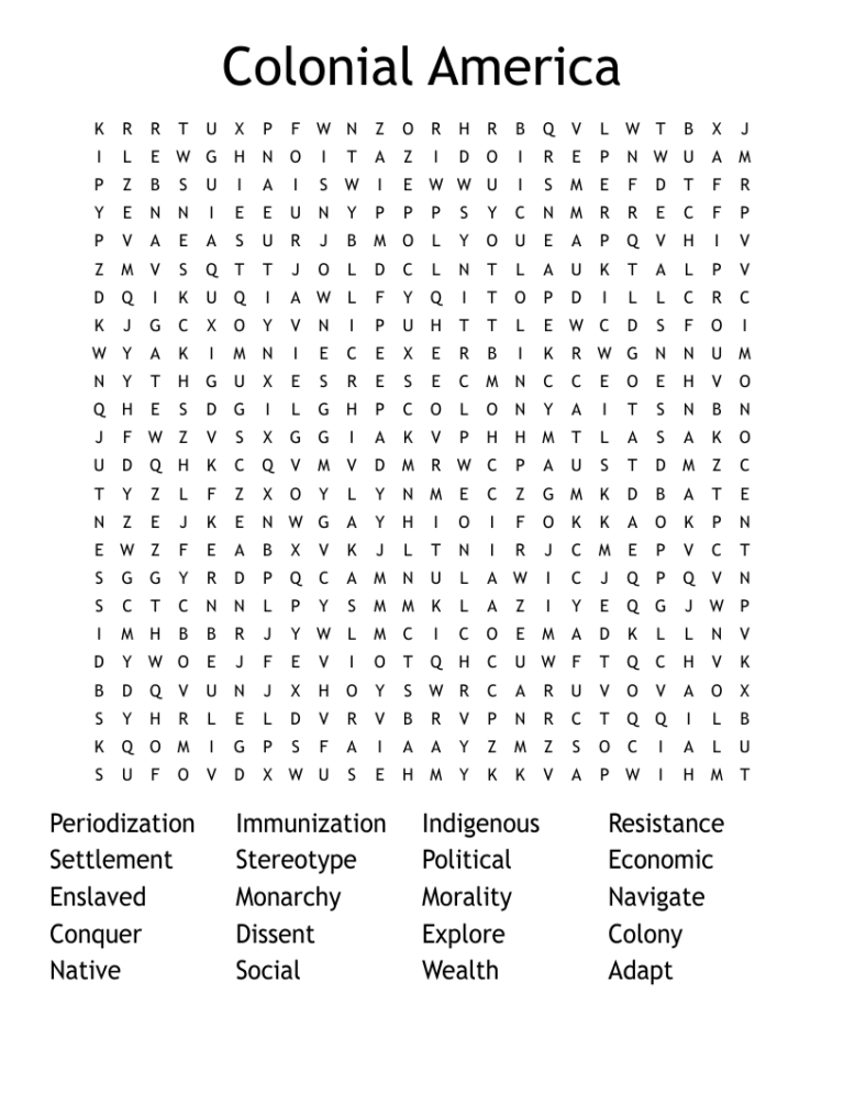 Colonial America Word Search WordMint