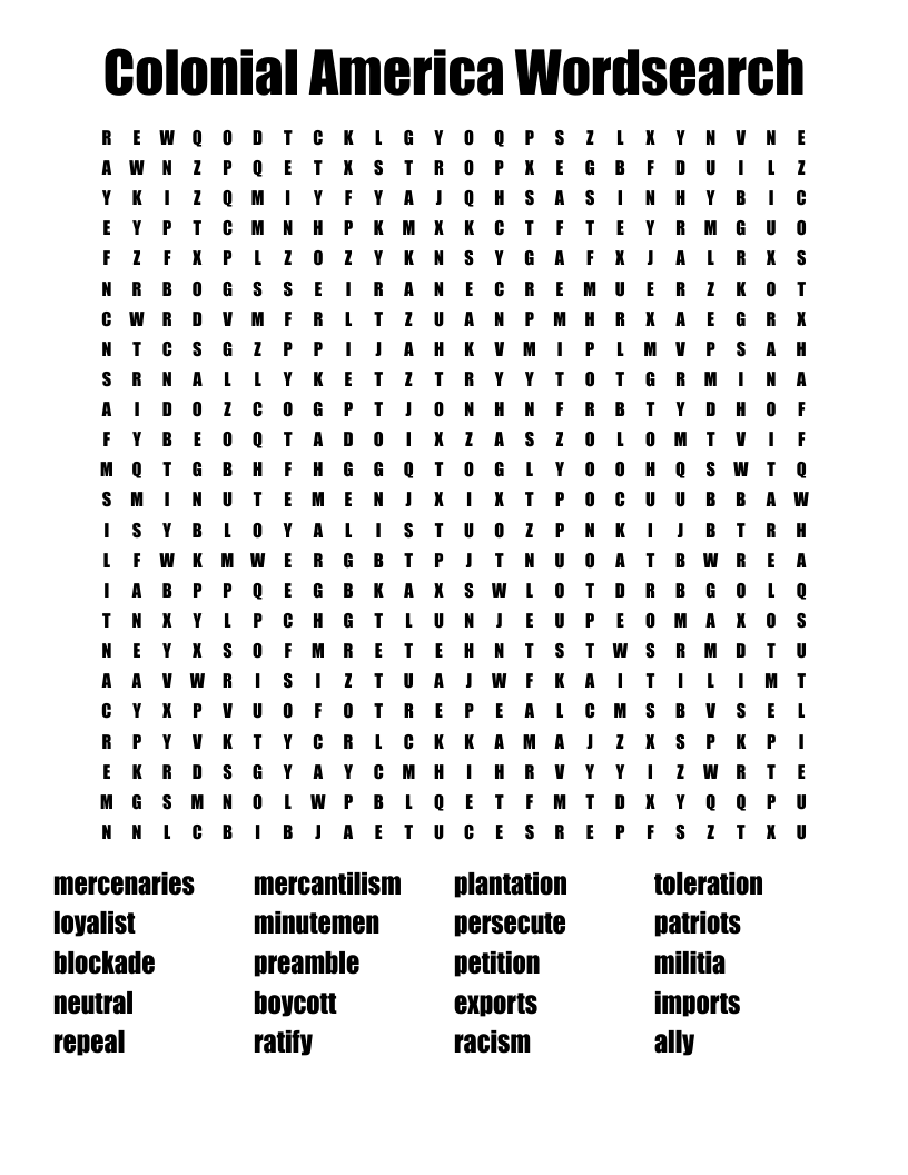 Colonial America Wordsearch WordMint