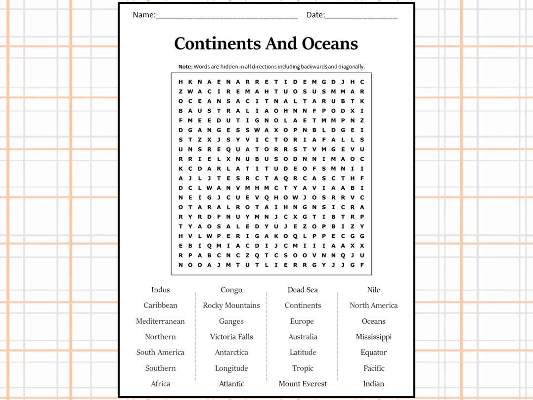 Continents And Oceans Word Search Printable Continents And Oceans Word Search Printable