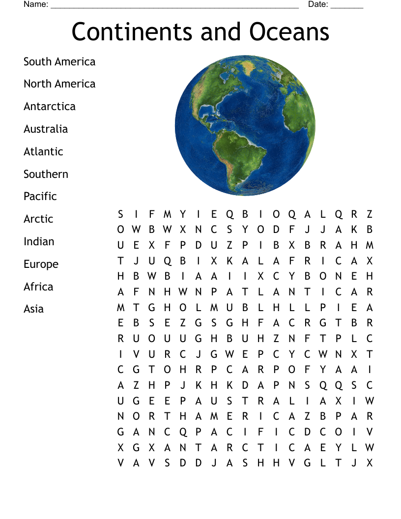 Continents And Oceans Word Search WordMint Continents And Oceans Word Search WordMint