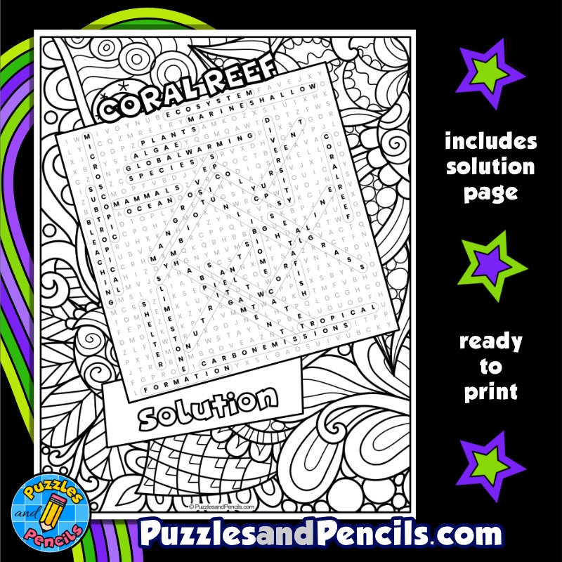 Coral Reef Word Search Puzzle With Coloring Biome Wordsearch Made By Teachers