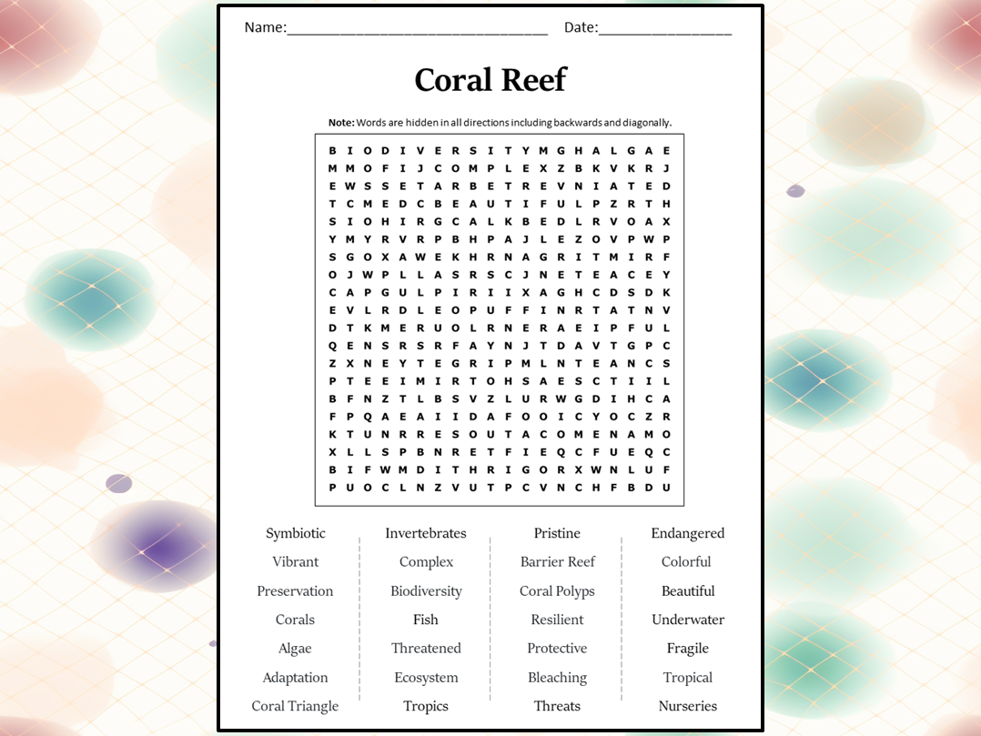 Coral Reef Word Search Puzzle Worksheet Activity Teaching Resources