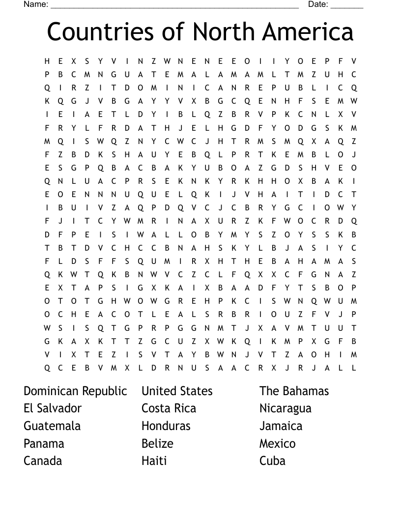 Countries Of North America Word Search WordMint Countries Of North America Word Search WordMint