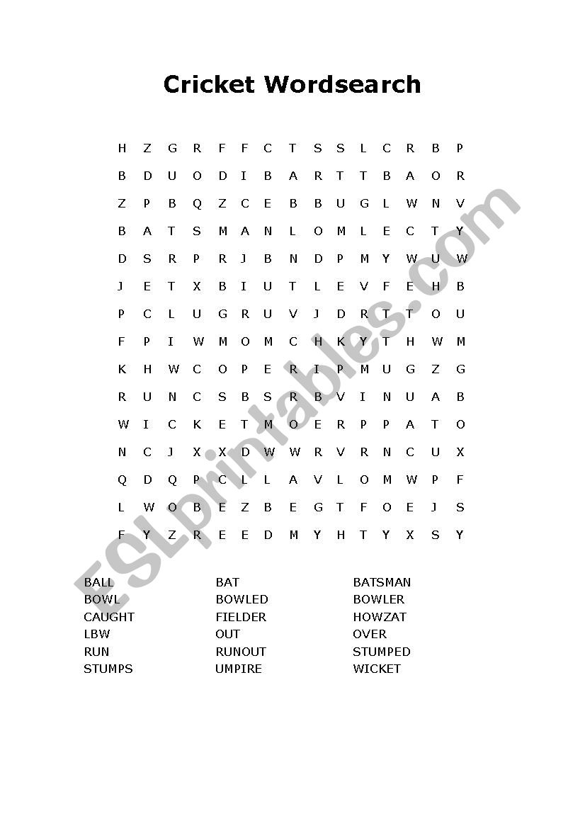 Cricket Wordsearch ESL Worksheet By Mr Raffles Cricket Wordsearch ESL Worksheet By Mr Raffles