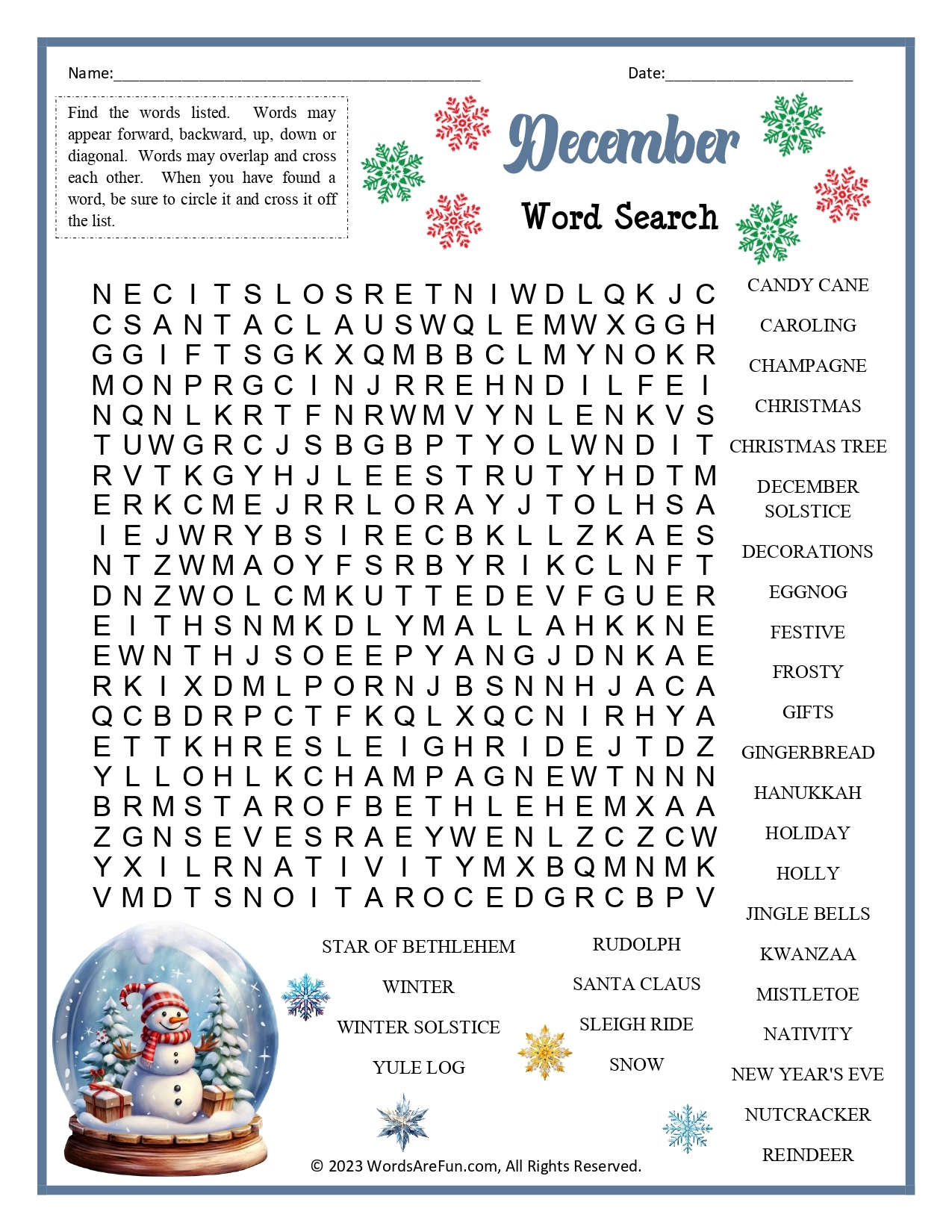 December Word Search December Word Search