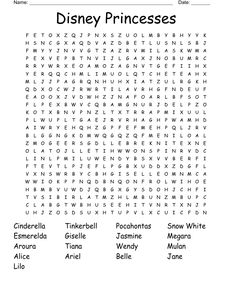 Disney Princesses Word Search WordMint