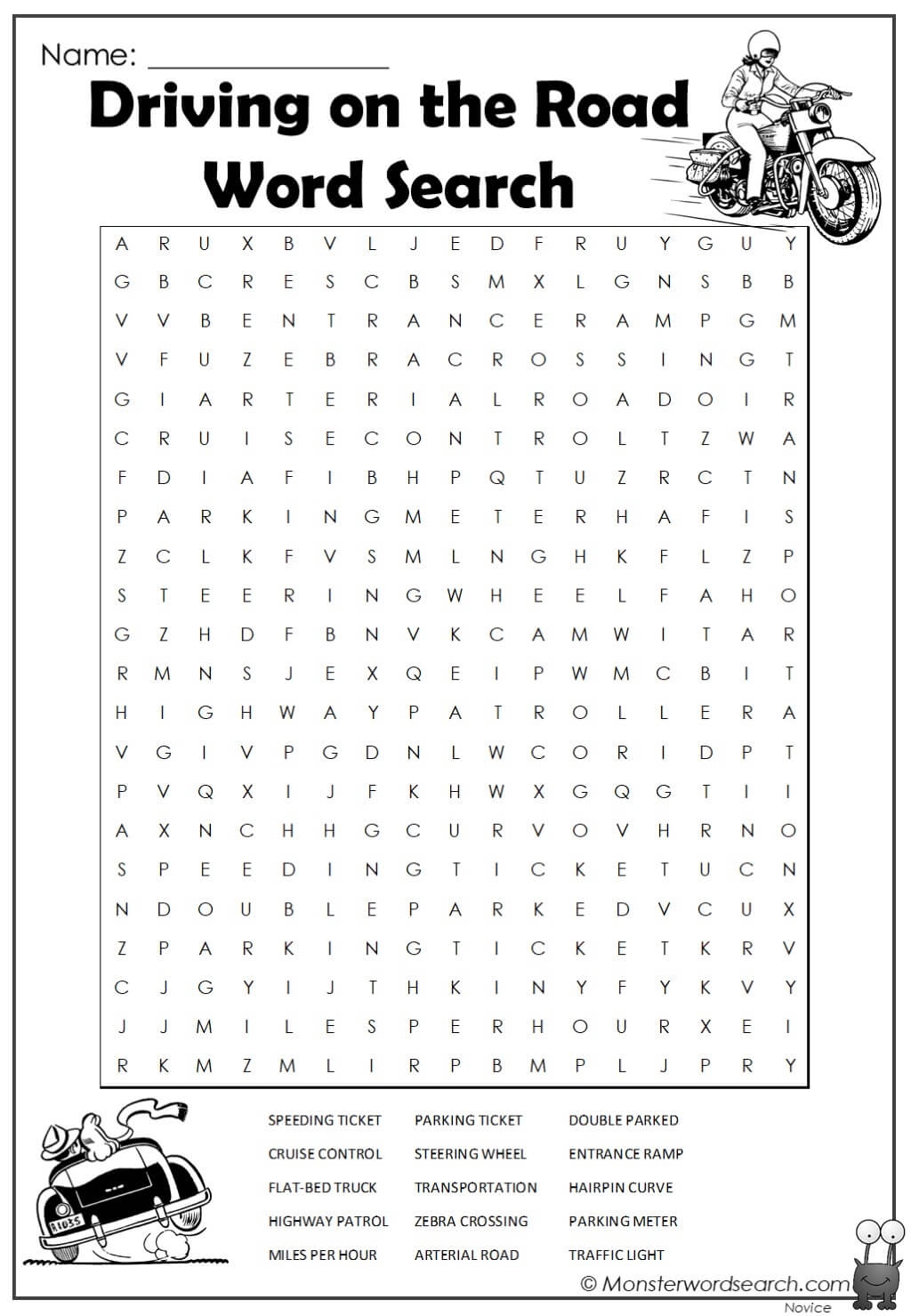 Driving On The Road Word Search Monster Word Search Driving On The Road Word Search Monster Word Search