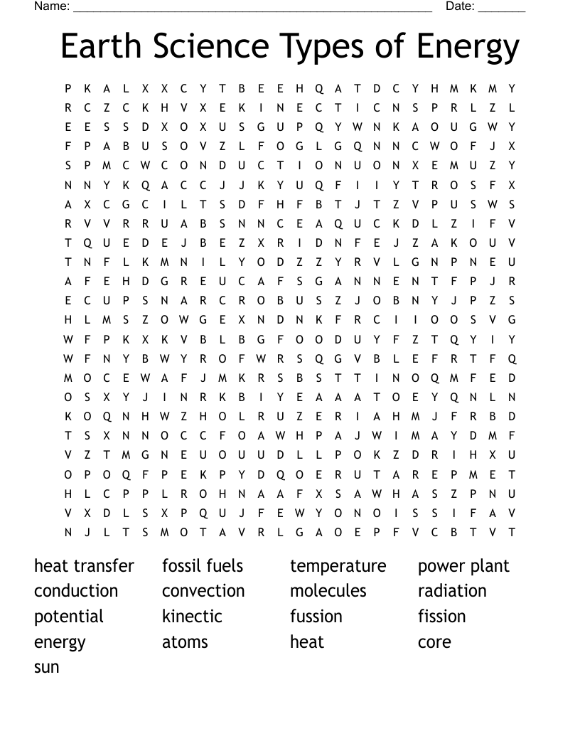 Energy Word Search Printable Energy Word Search Printable