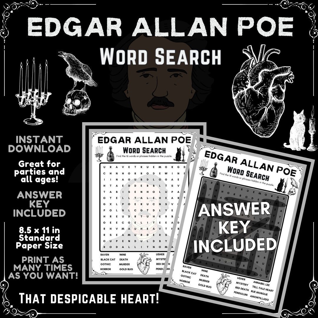 Edgar Allan Poe Word Search Puzzle Instant Digital Download Printable Party Game For Fans And Learning About The Master Of The Macabre Etsy Edgar Allan Poe Word Search Puzzle Instant Digital Download Printable Party Game For Fans And Learning About The Master Of The Macabre Etsy