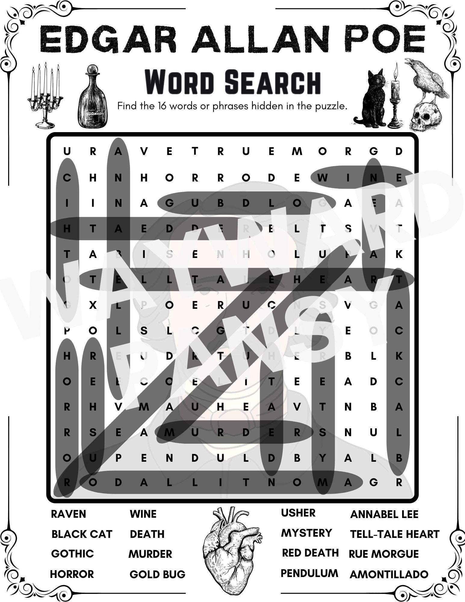 Edgar Allan Poe Word Search Puzzle Instant Digital Download Edgar Allan Poe Word Search Puzzle Instant Digital Download