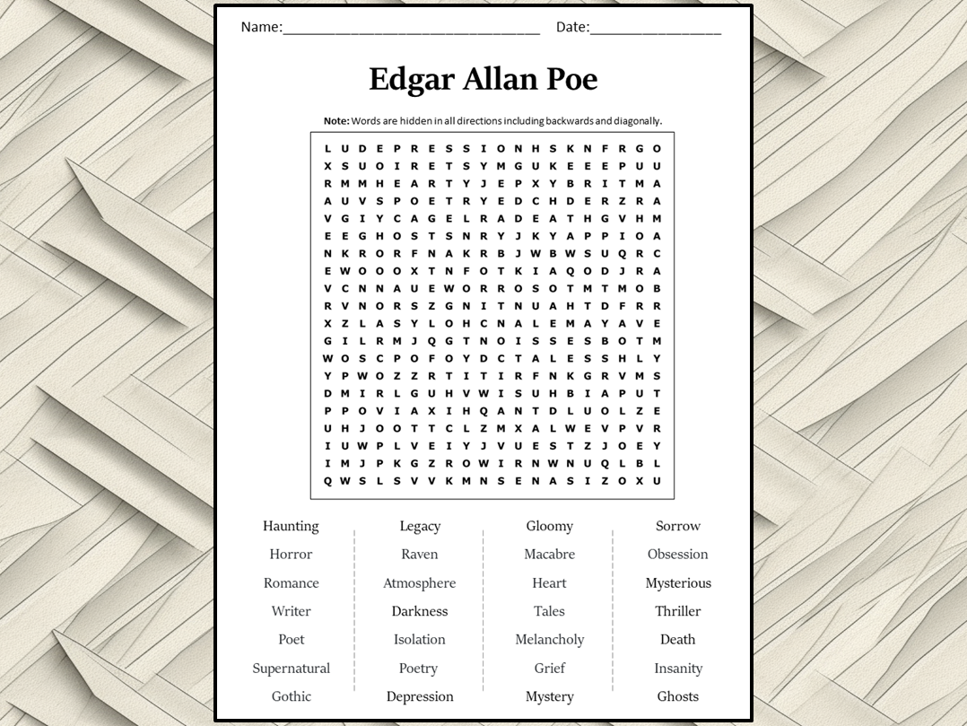Edgar Allan Poe Word Search Puzzle Worksheet Activity Teaching Edgar Allan Poe Word Search Puzzle Worksheet Activity Teaching