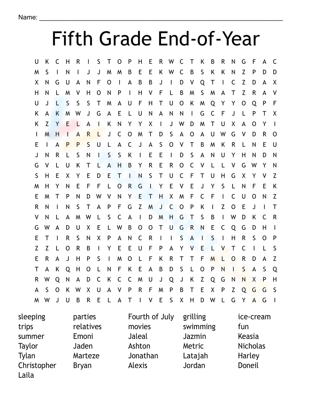 End Of The Year Word Search End Of The Year Word Search