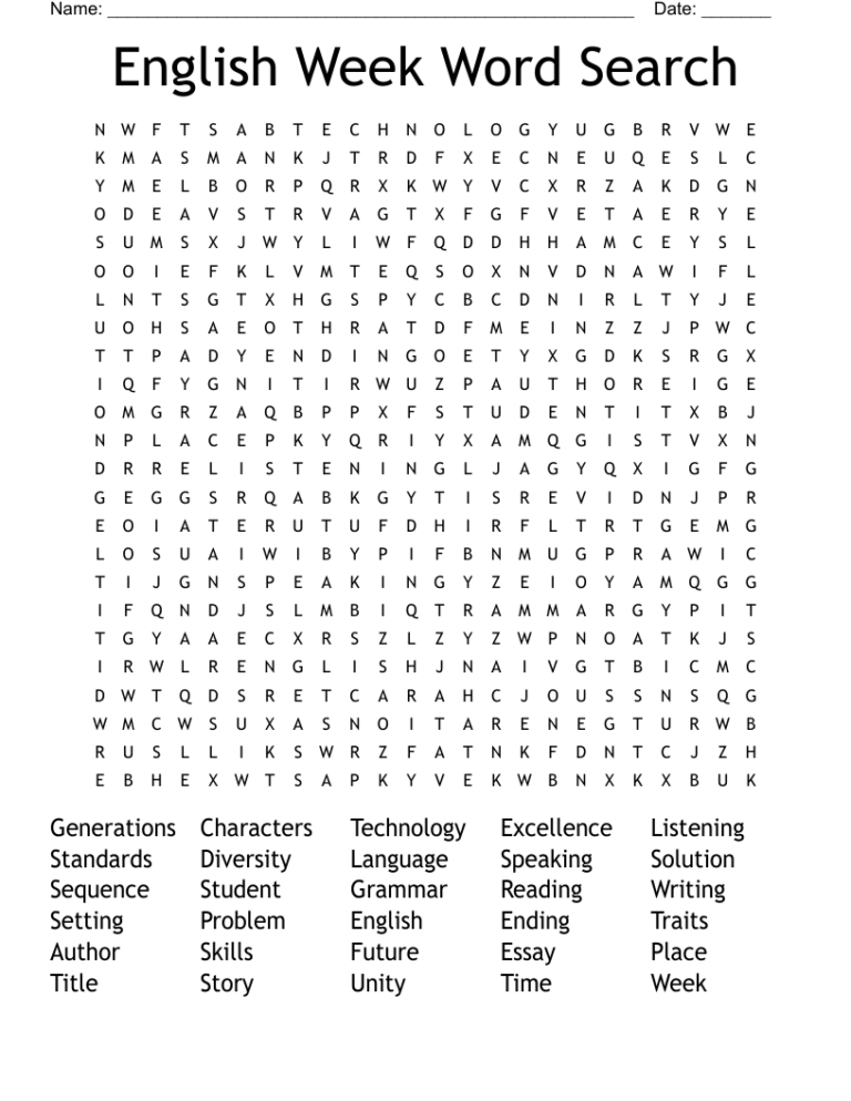 English Week Word Search WordMint
