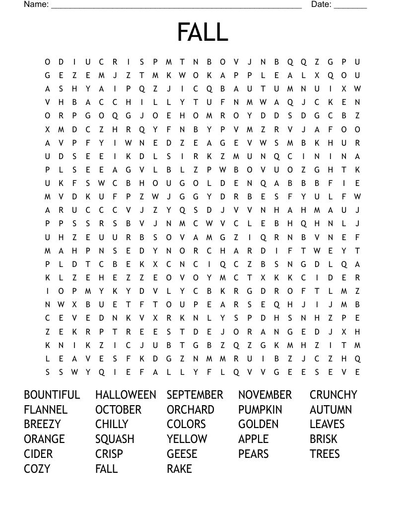 Fall Themed Word Search Printable