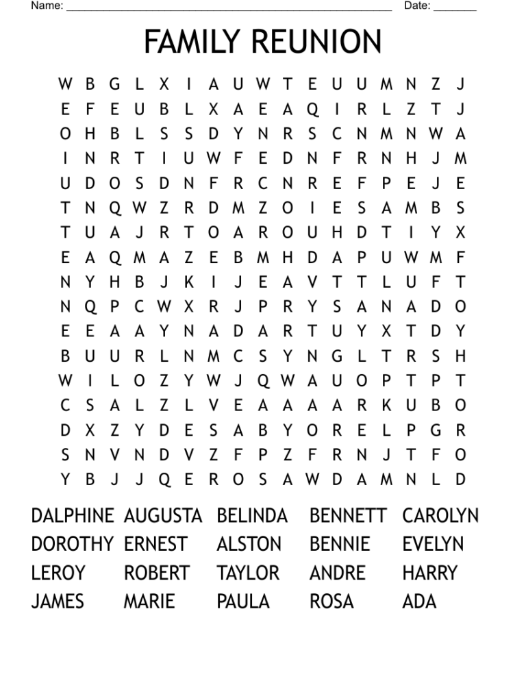 FAMILY REUNION Word Search WordMint