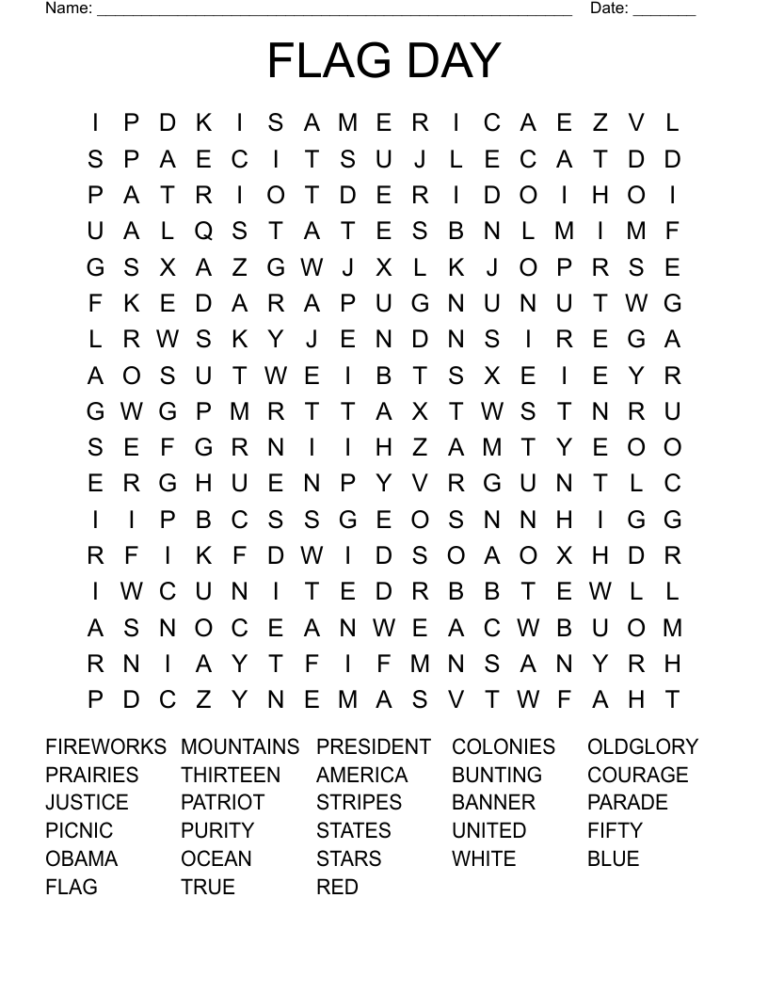 FLAG DAY Word Search WordMint