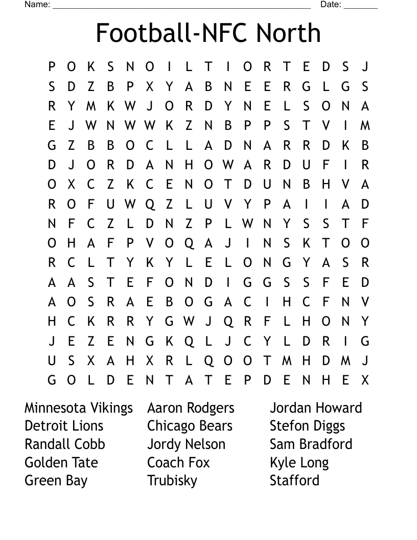 Football NFC North Word Search WordMint Football NFC North Word Search WordMint