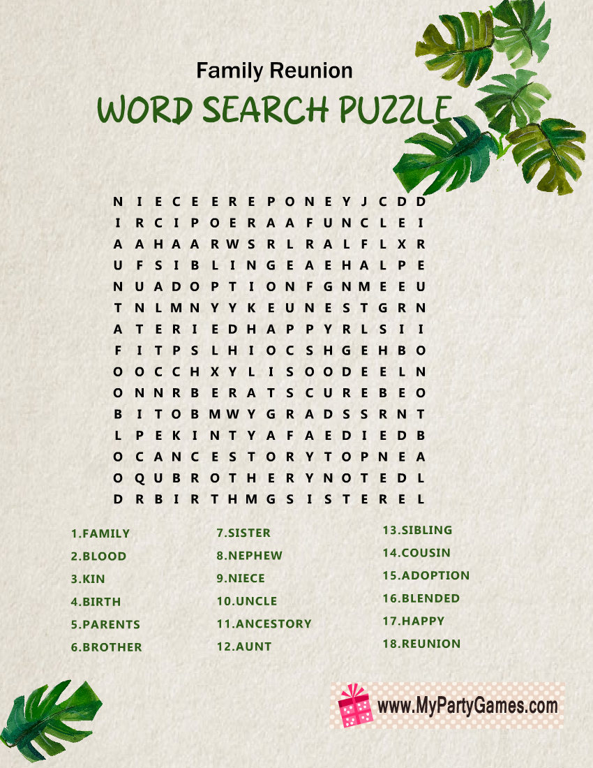 Free Printable Family Reunion Word Search Puzzle With Key Free Printable Family Reunion Word Search Puzzle With Key