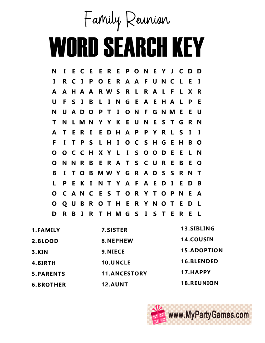 Free Printable Family Reunion Word Search Puzzle With Key Free Printable Family Reunion Word Search Puzzle With Key