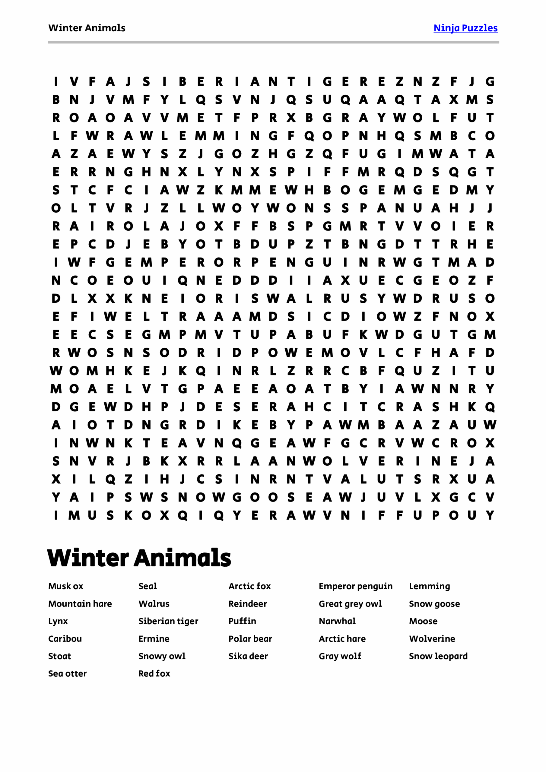 Free Printable Winter Animals Themed Word Search Puzzle Free Printable PDF