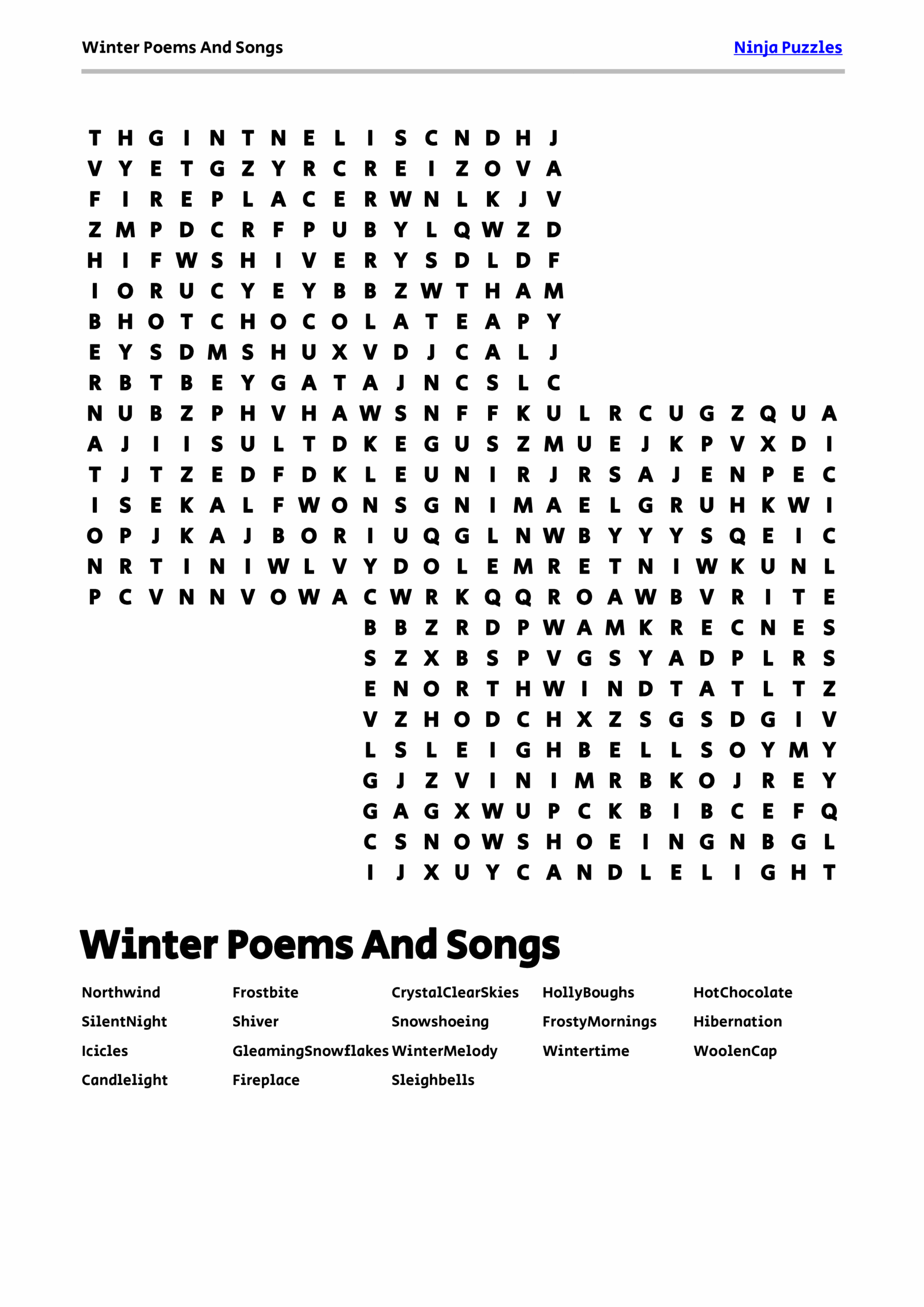 Free Printable Winter Poems And Songs Themed Word Search Puzzle Free Printable Winter Poems And Songs Themed Word Search Puzzle