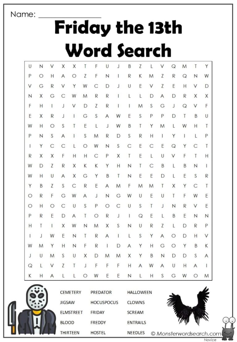 Friday The 13th Word Search Monster Word Search