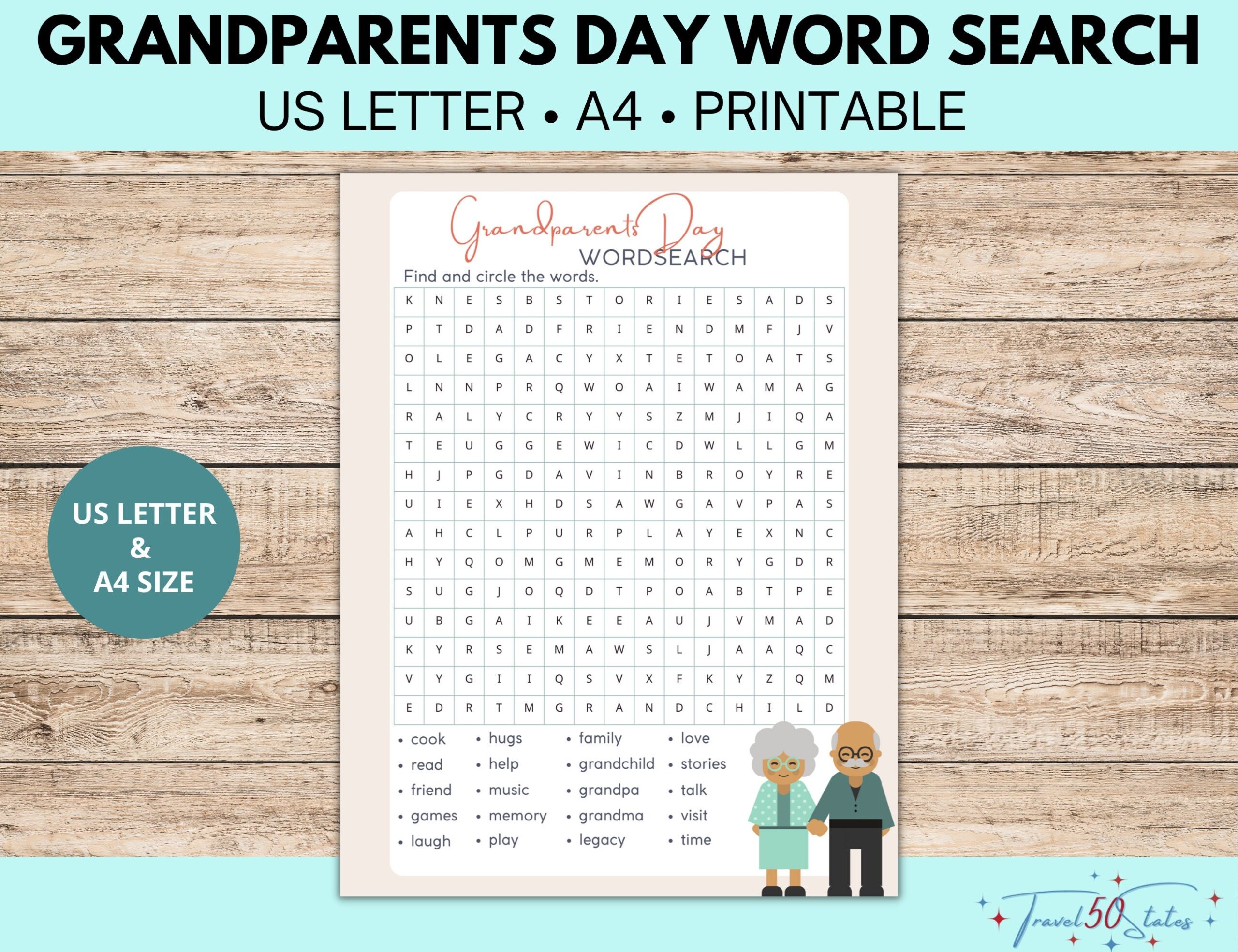 Grandparents Day Word Search Game Printable Family Activity For Grandchildren U0026 Grandparents US Letter And A4 Size Instant Download