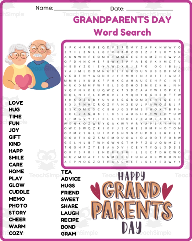 GRANDPARENTS DAY Word Search Puzzle Worksheet Activity