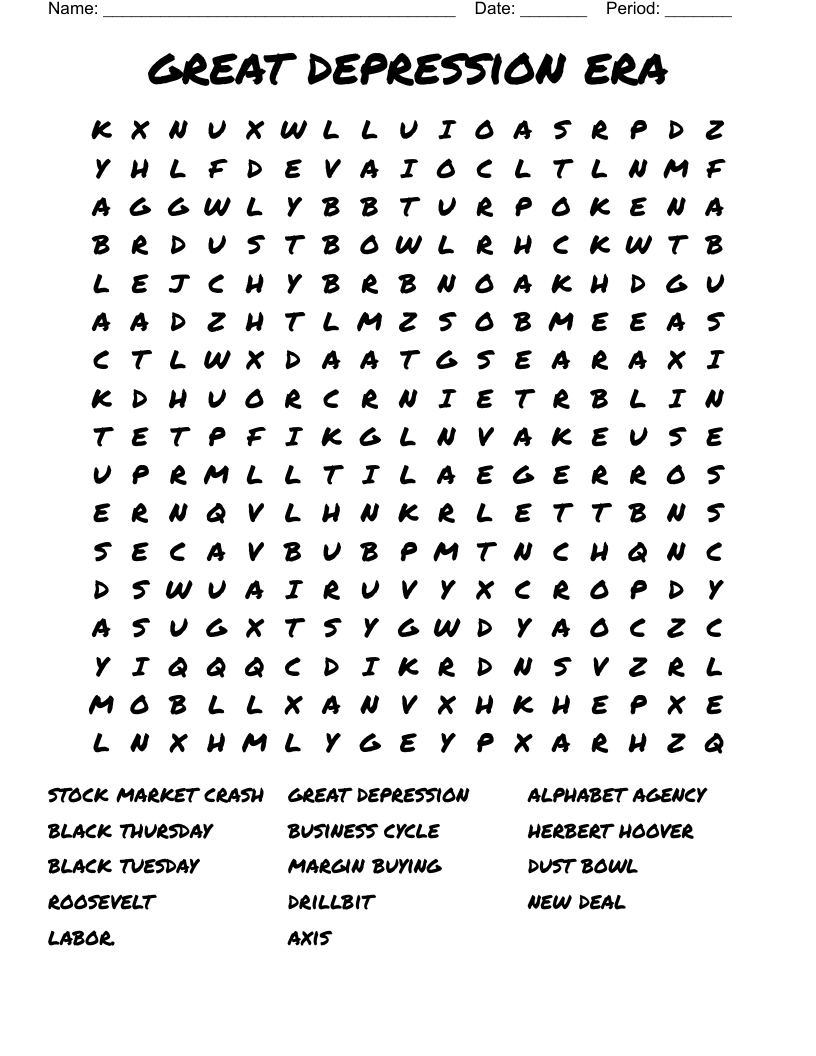 Great Depression Era Word Search WordMint Great Depression Era Word Search WordMint