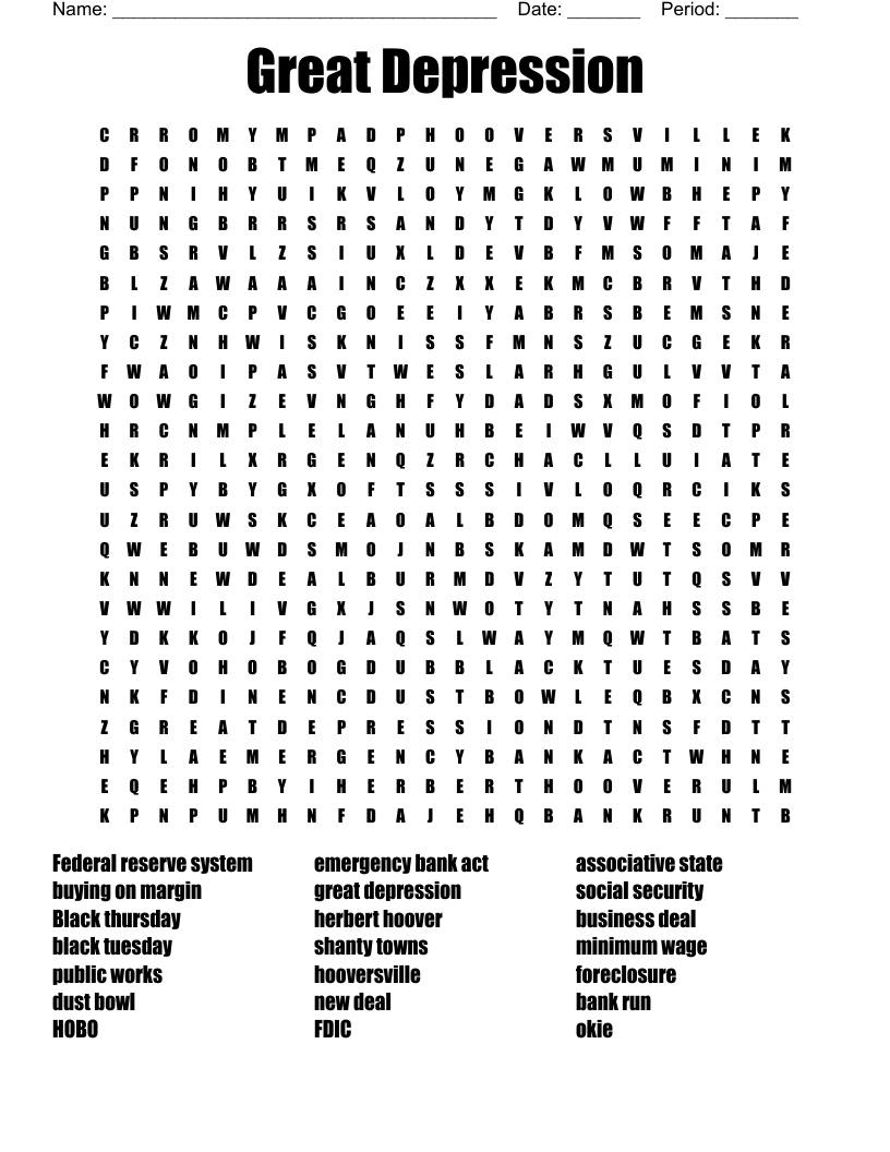 Great Depression Word Search WordMint Great Depression Word Search WordMint