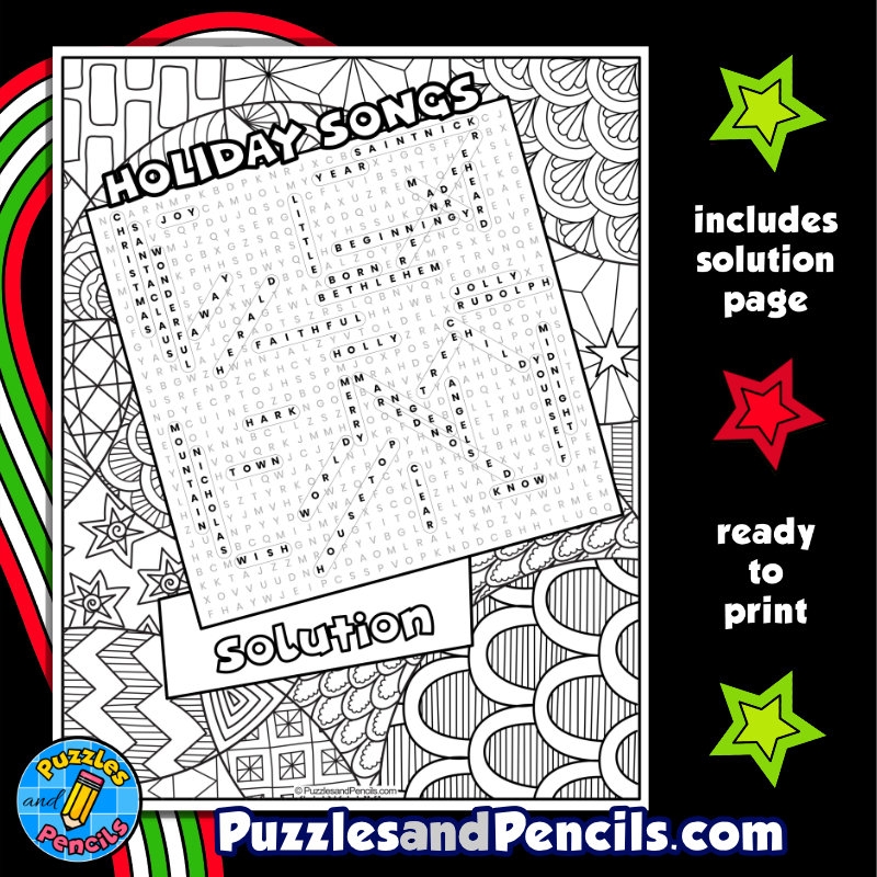 Holiday Songs Word Search Puzzle Activity Page With Coloring 