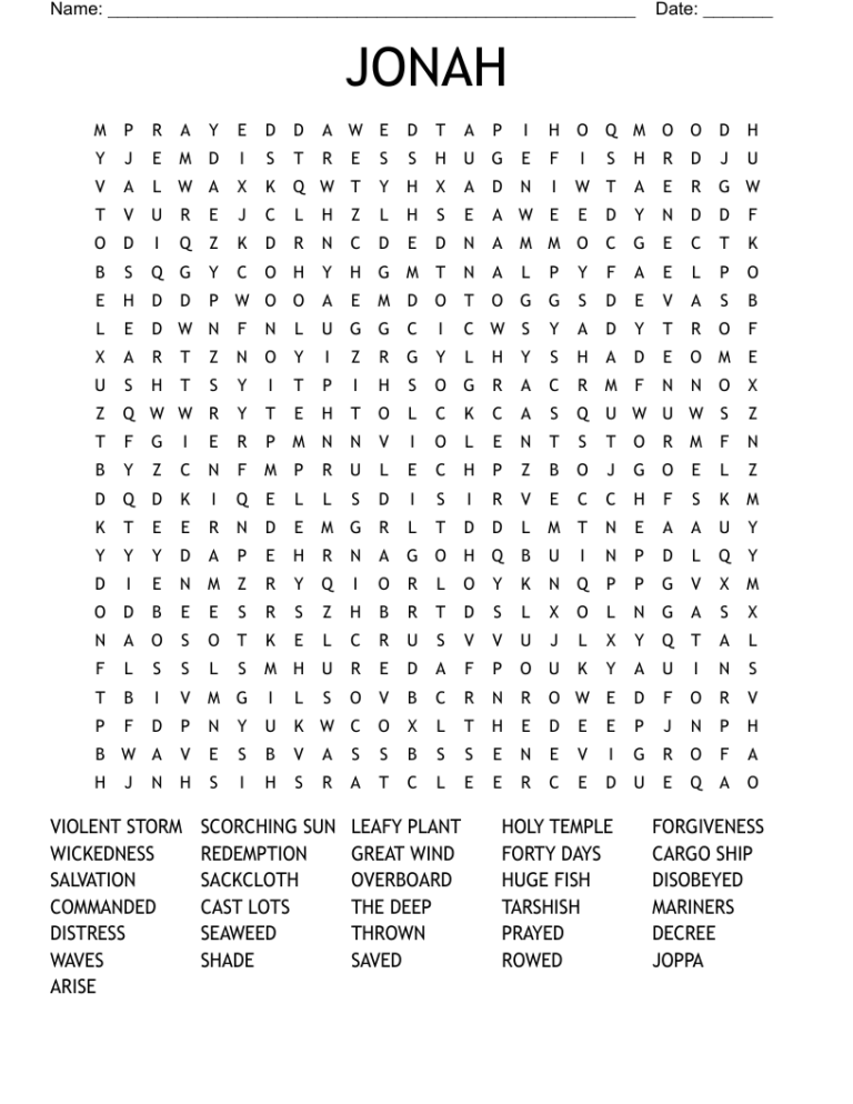 JONAH Word Search WordMint
