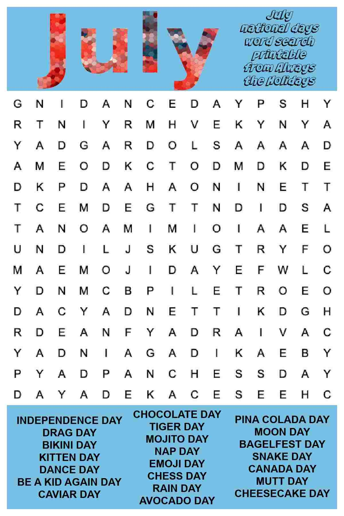 July Word Search Printable National Days Word Find Puzzle July Word Search Printable National Days Word Find Puzzle
